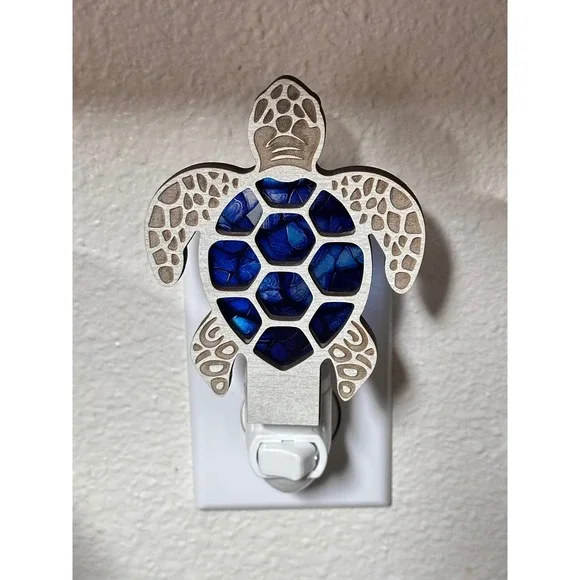 Turtle Night Light Wood Mosaic Blue Accent Home Decor Handmade Sea Turtle - Picture 4 of 10